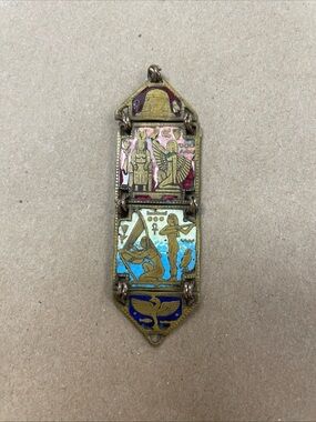 Antique 1920’s Art Deco Egyptian Revival Brass Enamel Sphinx Necklace Pendant